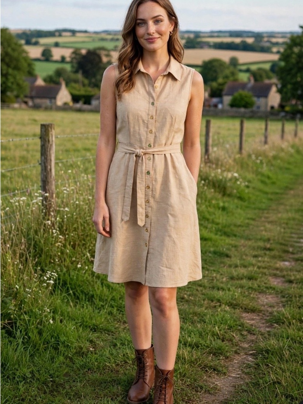 Sharagano Sleeveless Button-Front Tan cotton Dress with Tie Waist Size 10P